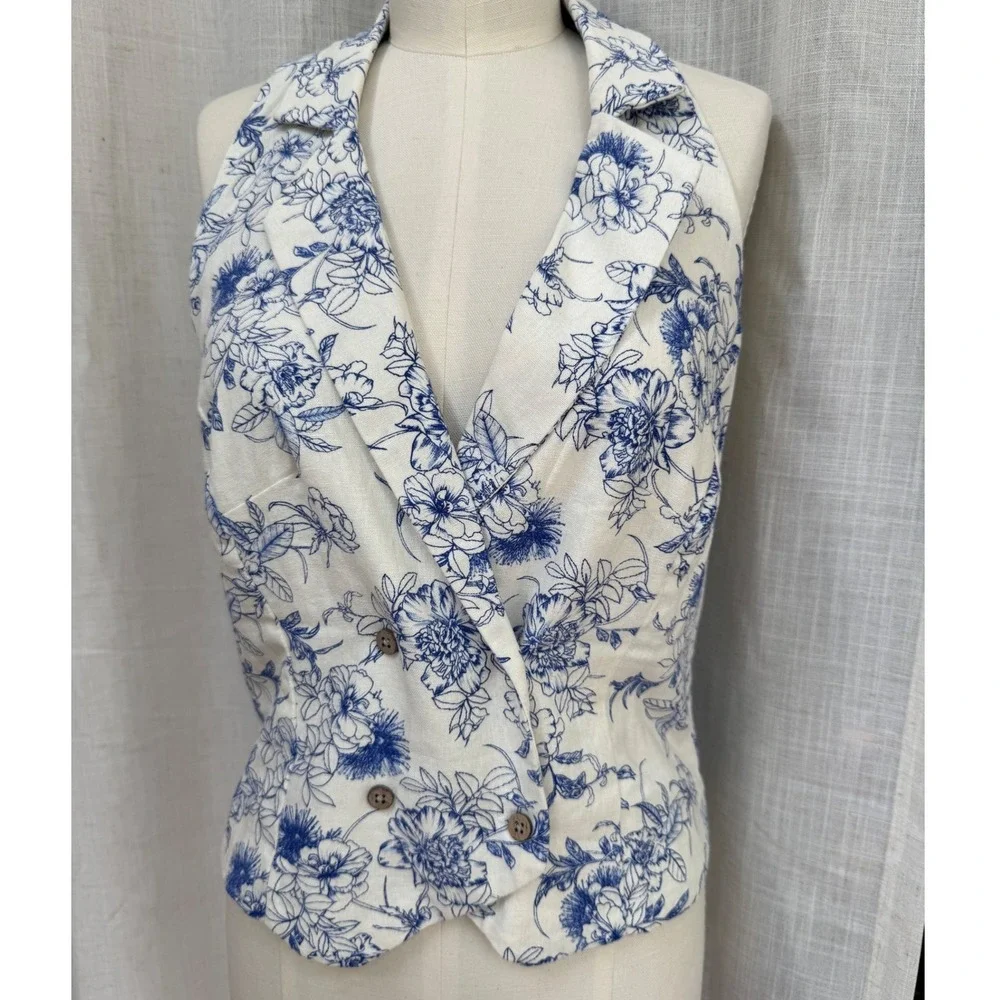 Jason Wu Floral Toile Linen Blend Halter Vest Wide Leg Pants Set Blue White 8 - Picture 2 of 14